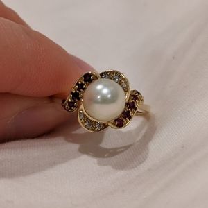14k Solid Gold Pearl Ring with Rubies and Diamonds